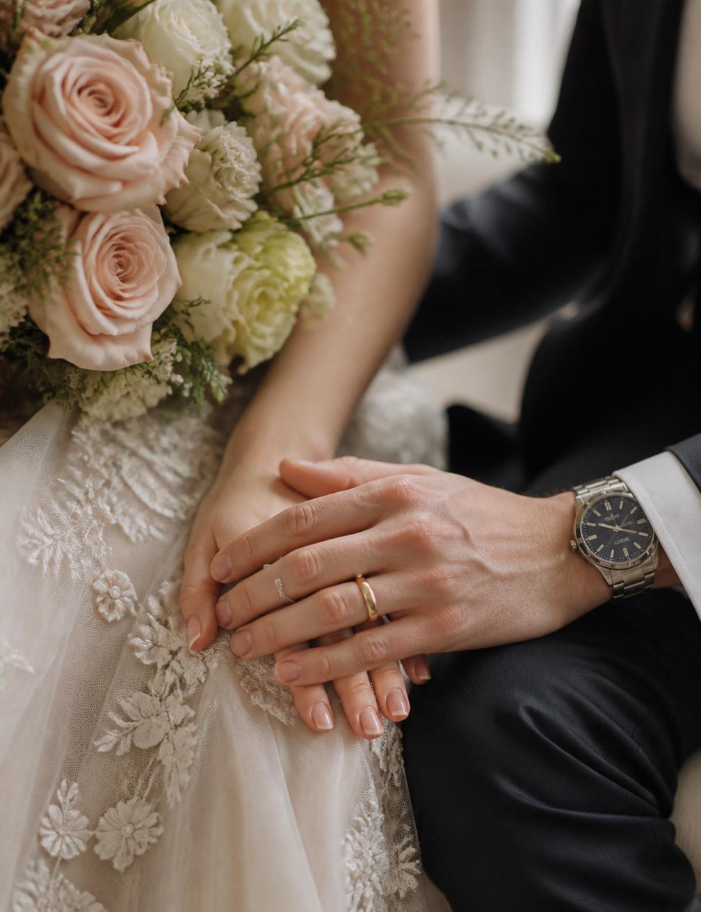 Bride and groom holding hands